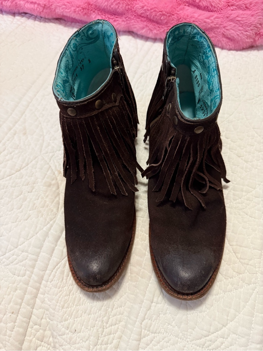 Women’s Brown Suede Fringe Ankle Boots with Teal Lining